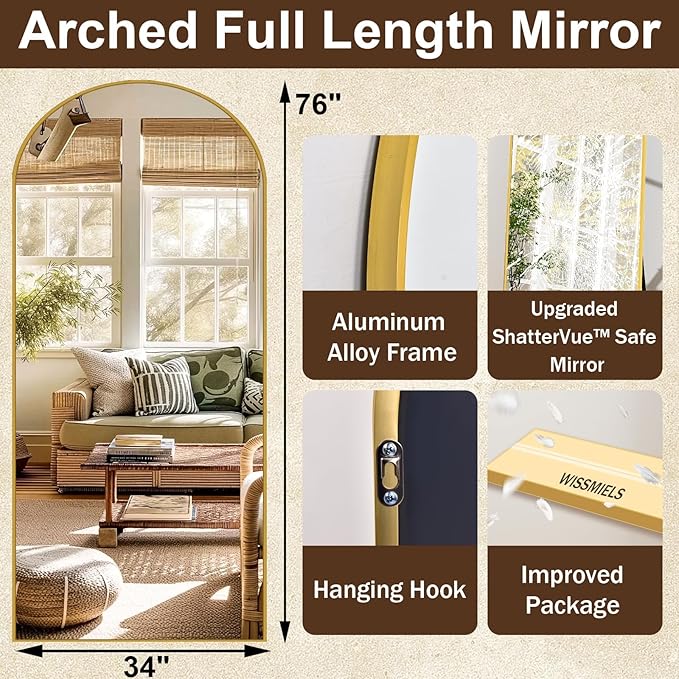 Arched Gold Full Length Mirror, 68"X22"Large Floor Mirror with Stand,Hanging or Leaning Full Body Mirror with Aluminum for Living Room and Bedroom