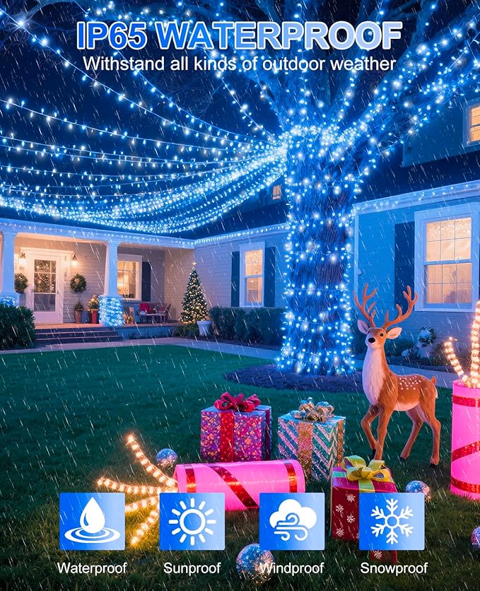 157FT 480 LED Christmas Lights Outdoor, Christmas Tree Lights Waterproof, 8 Modes Plug in Fairy String Light for Indoor Bedroom Garden Patio Xmas Party Decorations, Blue White