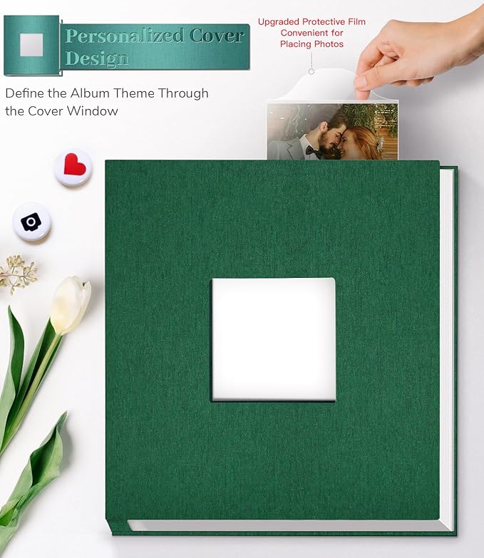 Photo Album Self Adhesive Scrapbook Album for 3x5 4x6 5x7 8x10 Pictures,40 Pages Linen Cover with Display Window DIY Photo Book,Ideal Gifts for Family Travel Wedding Baby