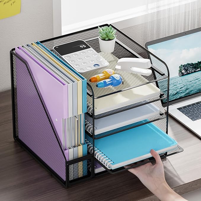Marbrasse Desk Organizers and Accessories, 5-Tier Paper Letter Tray Organizer with File Holder, Mesh File Organizer, Office Desk Accessories & Organization for Supplies (Black)