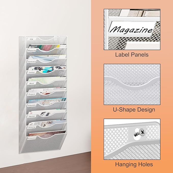 10 Tier Hanging Wall File Holder, Metal A4 Wall Mounted Document Holder, Vertical Hanging Mail Organizer, Magazine Storage Rack with Tray for Office Home Classroom, White