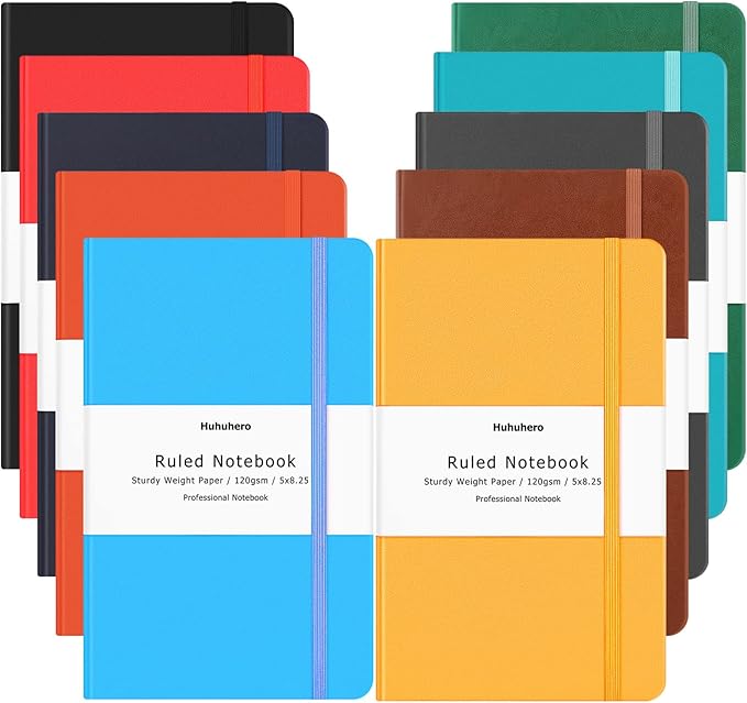 Huhuhero 10 Colors Lined Journal Notebook, A5 Hardcover Notebooks for Work, 120GSM Thick Paper, 128 Pages College Ruled Notebook for Writing Business Journaling, 5"×8.25"