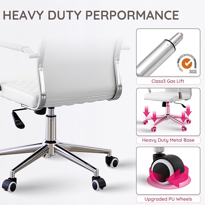 Livinia Modern Executive Office Chair with Patterned Back Design, Chrome & Leather Swivel Chair with High Back, Adjustable Height, Removable Armrests, and Wheels for Home Office (White(Chrome))