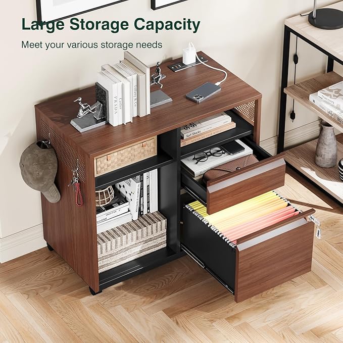 Mobile 2 Drawer File Cabinet,Metal File Cabinet with Lock，Lateral Printer Stand Filling Storage Cabinet for Home Office-A4/F4/Letter(Charging Socket)