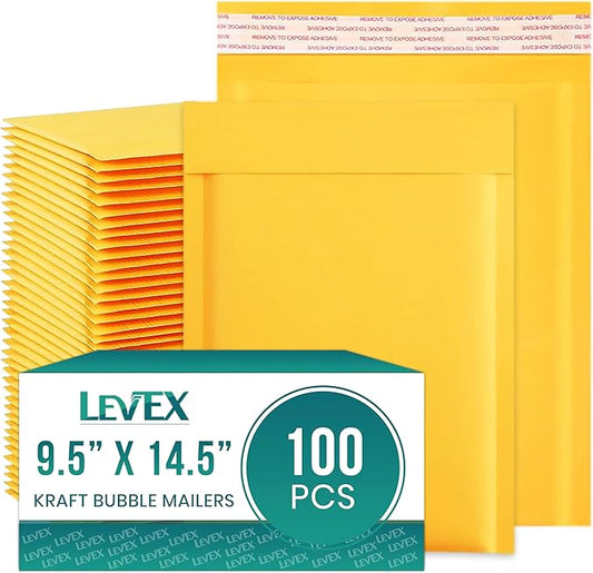 Levex - #4 9.5" x 14.5 [100 Pack) Kraft Bubble Mailers, Padded Envelope Mailers, Packing Envelope & Mailing Bags for Shipping