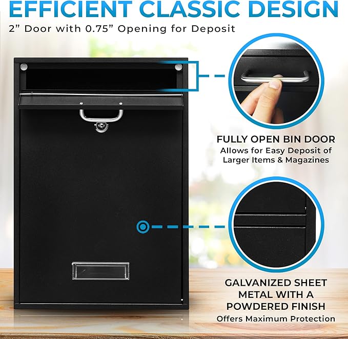 Wall Mounted Locking Vertical Dropbox Mailbox - Safe and Secure (Large) | Made with Galvanized Steel (Black)