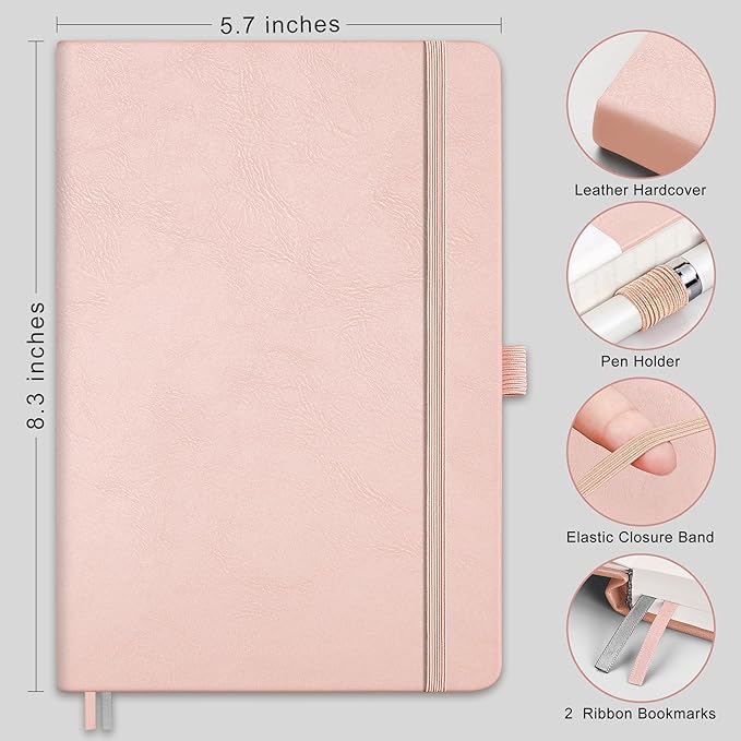 RETTACY Bullet Dotted Journal Notebook, 192 Pages, A5 Medium Size (5.7'' x 8.3''), Leather Hardcover, 100 GSM Thick Paper, for Bullet Journaling, Planning, Tracking (Rose Gold)