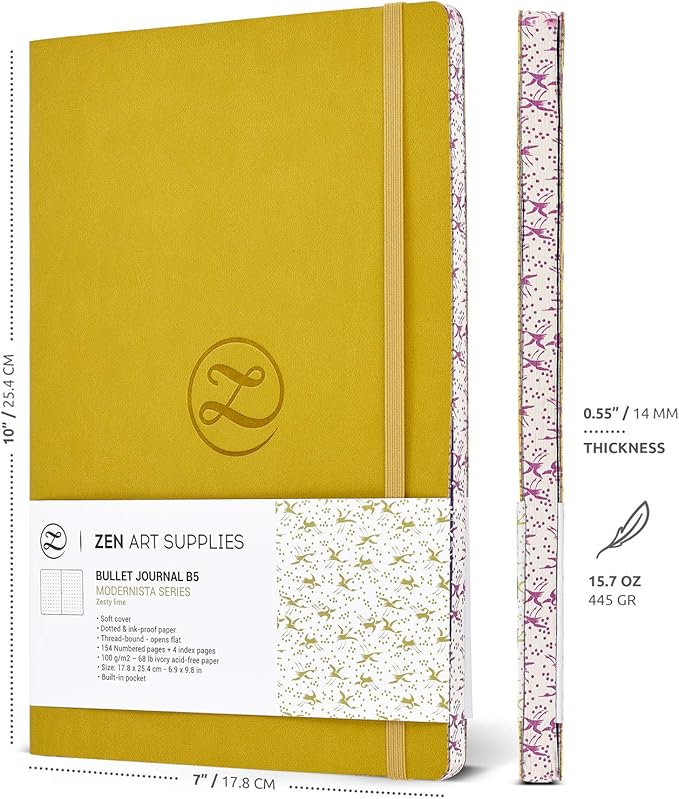Lay Flat Large B5 Dotted Journal - Enjoy Bullet Journaling with a Soft Cover 7x10-inch, Non-Bleed Thick 120gsm Paper, Dot Journal in Yellow, Japanese Edge Motif - Faux Leather Dot Notebook