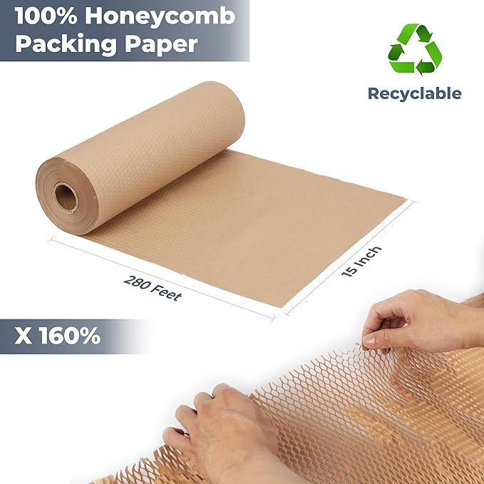 Bubble Wrap Substitute - Honeycomb Packing Paper 15''x280', Cushioning Wrap Moving, Shipping, Packing for Glassware, Plates, Cups with 36 Fragile Sticker Labels