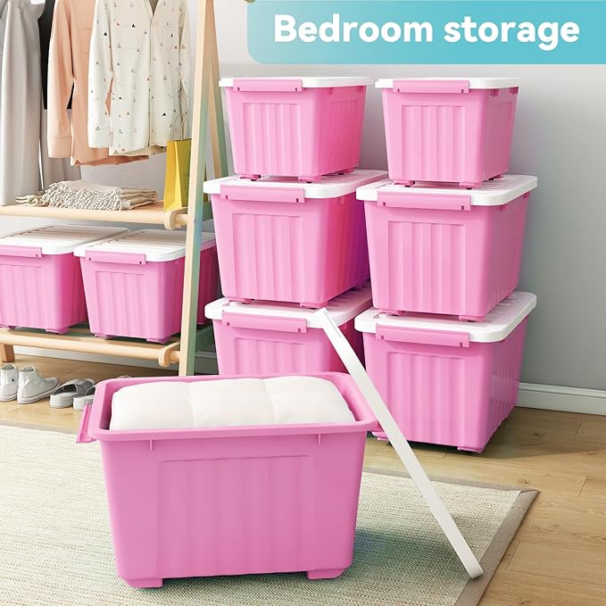 Nazhura Plastic Storage Bin, Stackable and Nestable Storage Boxes with White Lids and Secure Latching Buckles, Large Storage Container (Pink/White, 72Quart-4Pack)