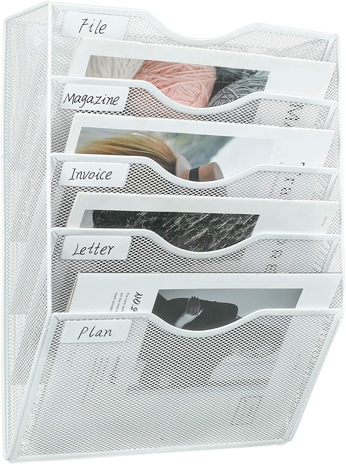 PAG Hanging Wall File Holder Mail Organizer Wall Mount Document Letter Rack, 5-Tier, White