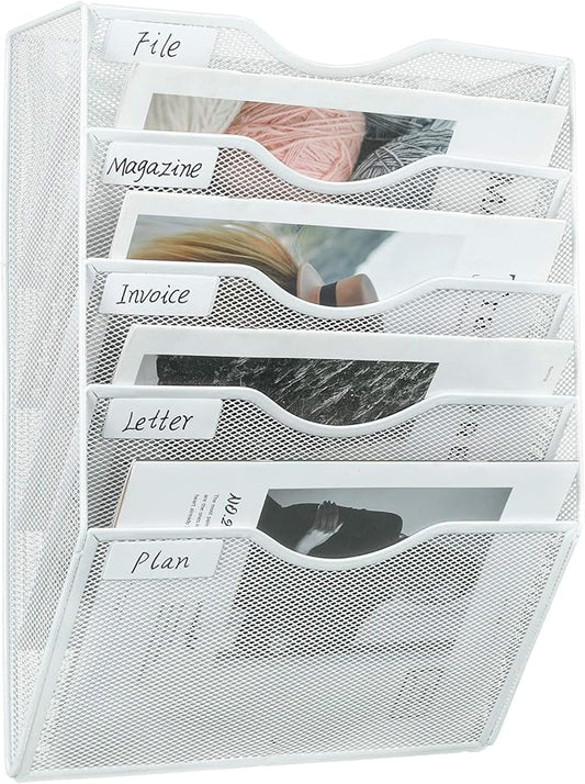 PAG Hanging Wall File Holder Mail Organizer Wall Mount Document Letter Rack, 5-Tier, White