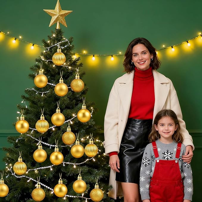 Set of 24 Small Gold Christmas Ornaments Balls for Christmas Tree, 1.2 inch Mini Gold Ornaments for Mini Tree, Tiny Plastic Shatterproof Hanging Bulbs Xmas Valentine Party Indoor Outdoor Decorations