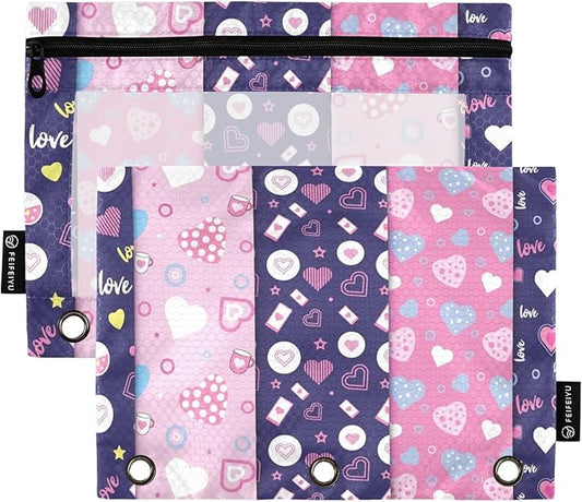 ZAZYXTJ Personalized Heart Binder Pencil Pouchs 3 Ring with Zipper Clear Window Office Organizers bag for School Students Teacher Supplies 2 Pack