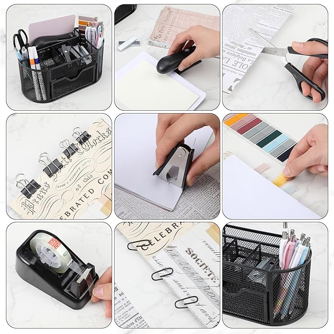 Black Office Desk Accessories Supplies Desk Organizer and Accessories with Mesh Desktop Organizer Stapler 1000 Staples Tape Dispenser Staple Remover Clips Scissors Gifts for Office Clerk