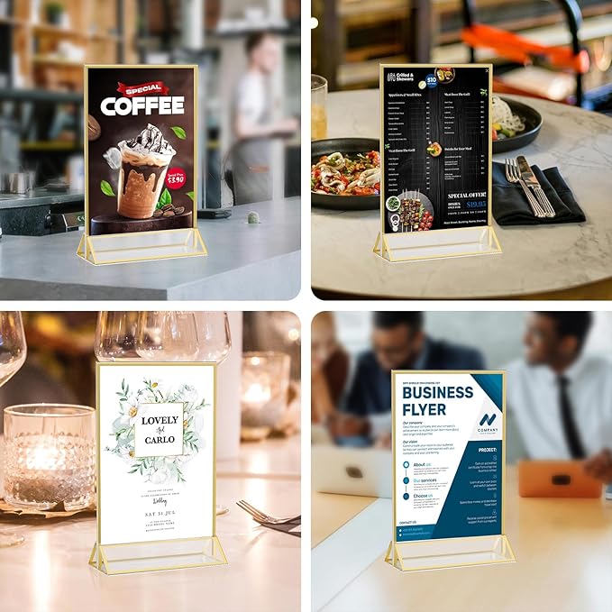 4x6 Gold Acrylic Sign Holder, 12 Pack Wedding Table Number Holder Stands with Vertical Gold Borders, Double Sided Picture Frame Paper Stand, Clear Photo Display Menu Holder for Party, Home, Restaurant