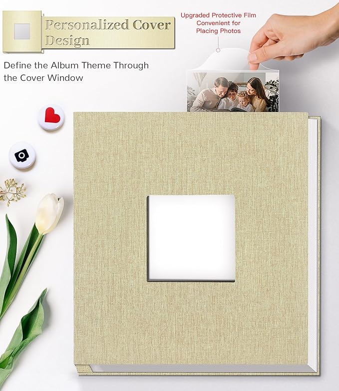 Photo Album Self Adhesive Scrapbook Album for 3x5 4x6 5x7 8x10 Pictures,120 Pages Linen Cover with Display Window DIY Photo Book,Ideal Gifts for Family Travel Wedding Baby