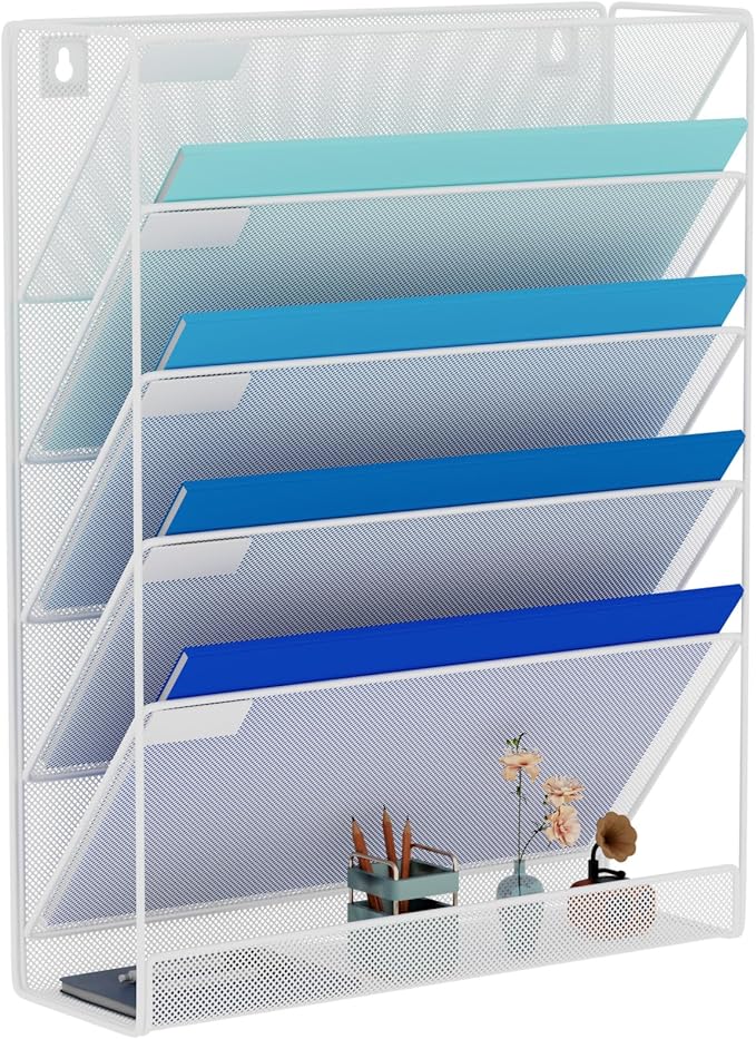 Wall File Organizer Holder Mesh Hanging Paper Document Holder,Vertical 6 Pocket Tier for Office Home, White