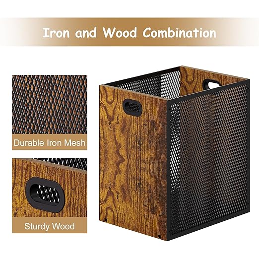 Retro Office Trash Can, Iron and Wood Combination Bedroom Garbage Can, Rectangular Design Wastebasket with Handle, Industrial Style Trash Can for Home Office, 11.02" X 7.87" X 11.81" 4.5 Gallon (2)