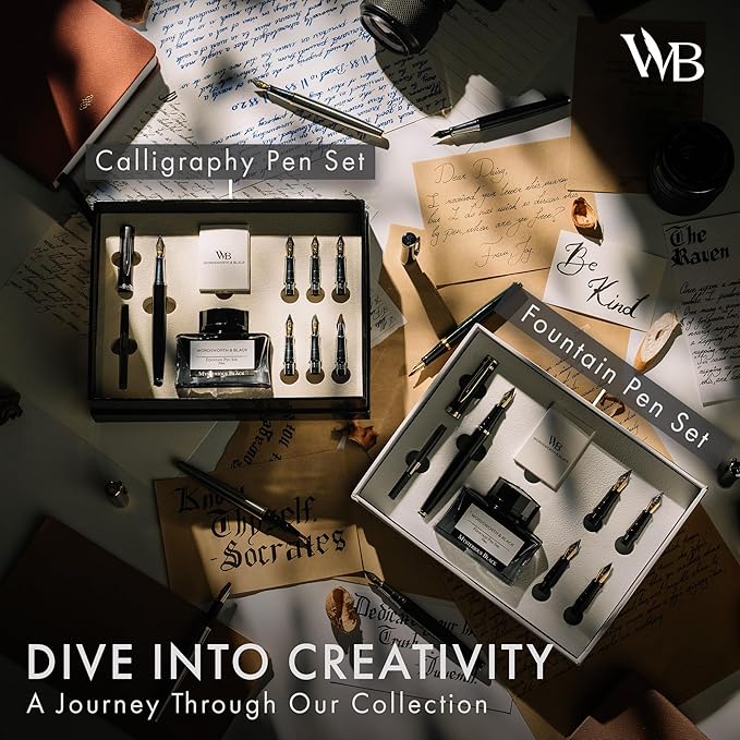 Wordsworth & Black Fountain Pen Gift Set, Includes Bottle, 6 Cartridges, Refill Converter, 4 Replacement Nibs, Premium Package, Journaling, Calligraphy, Smooth Writing Pens [Black Gold]