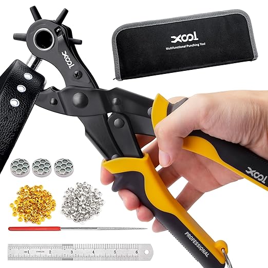 XOOL 2 in 1 Leather Hole Punch Eyelet Tool Kit, 3/16" 4.5mm Metal Eyelets for Fabric, Hole Puncher, Eyelet Pliers for Shoes Leather Clothes Belt