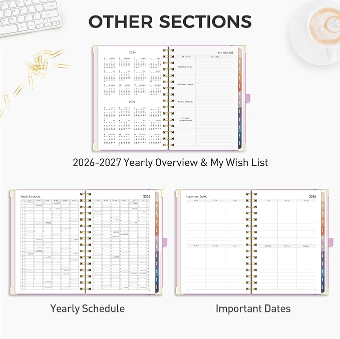 RETTACY 2026 Planner, Weekly and Monthly, Medium Size (5.7" x 8.3"), Jan - Dec 2026, Agenda, Calendar, 12 Month Tabs, Hardcover, 100 GSM Thick Paper, Spiral-bound (Lilac)