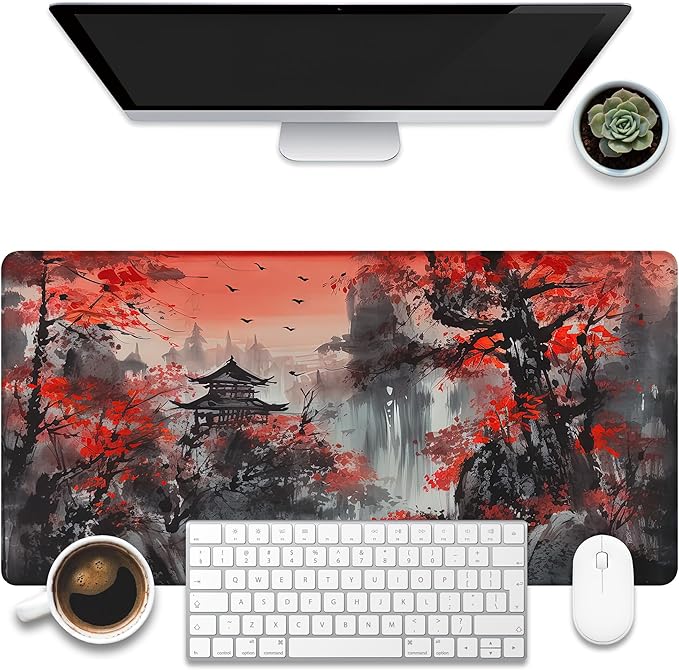 Desk Mat, Red Landscape Painting Desk Pad, Ink Painting Large Gaming Mouse Pad for Desk, 31.5"x15.7" Extended Big Computer Keyboard Mouse Pad with Non-Slip Base and Stitched Edge