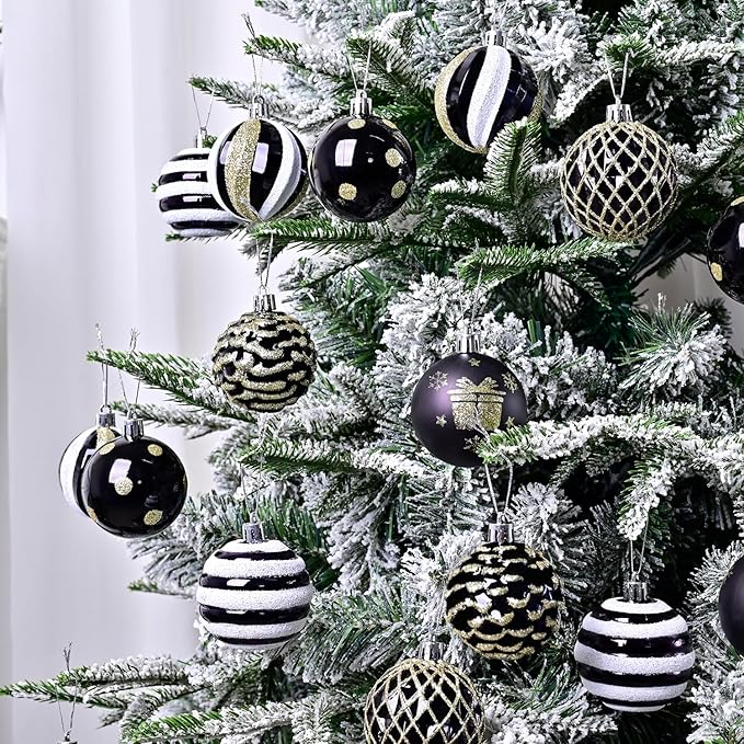 Christmas Tree Ball Ornaments 20ct Set, 2.36 Inch Black Gold White Classic Christmas Decorations, Shatterproof Hanging Ornaments for Xmas Holiday Decoration
