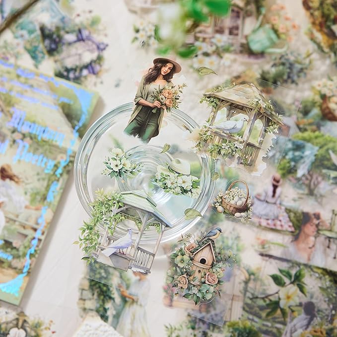 Snycler Green Garden Series Sticker Book - 20 Sheets Vintage PET Stickers for Scrapbooking, Junk Journaling, Ephemera, and Decorative Crafts - Pre-Cut Bright & Cheerful Design Stickers