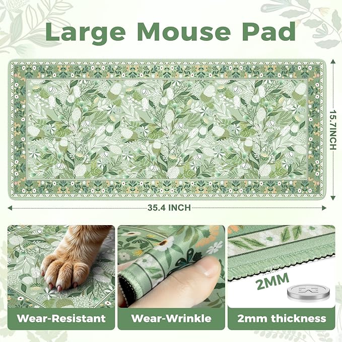 iCasso Long Mouse Pad,Green Computer Pad for Women Girl,Cute Desk Mat with Stitched Edges,Anti-Slip Pad for Keyboard and Mouse,Large Desk Cover Mat for Office Home School