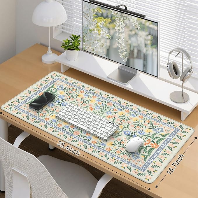 iCasso Desk Matt for Desktop, Desk Pad Mat, Green Floral Computer Mat for Keyboard and Mouse, XXL Large Mouse Pad, Anti-Slip Big Mousepad with Stitched Edges (Green)