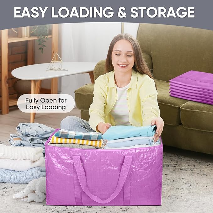 TICONN 8 Pack Extra Large Moving Bags with Zippers & Carrying Handles, Heavy-Duty Storage Tote Moving Boxes for Space Saving (8 Pack, Pink)