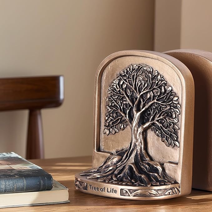 Antique Bronze Color Tree of Life Bookends Set, 2 Non-Skid Heavy Bookends for Shelves or Bookcase, Decorative Bookends for Desktop Shelf Decor, Library Office Decor, Home Décor Gift