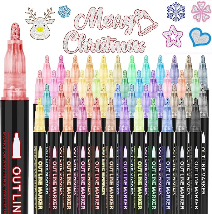 Double Line Outline Pens,48 Colors Self-outline Shimmer Markers Set,Double Line Pen for Drawing, Greeting Card,Birthday Greeting, DIY Art Crafts, Easter Eggs