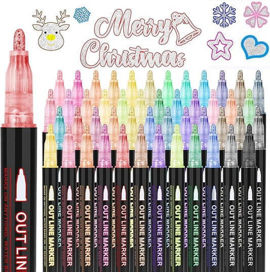 Double Line Outline Pens,48 Colors Self-outline Shimmer Markers Set,Double Line Pen for Drawing, Greeting Card,Birthday Greeting, DIY Art Crafts, Easter Eggs