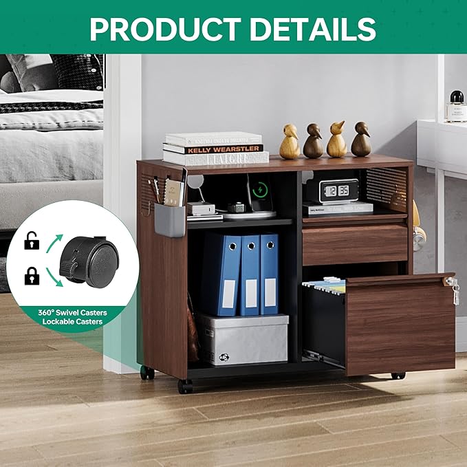 Letaya Mobile 2 Drawer File Cabinet with Lock, Metal Lateral Printer Stand Filing Storage Cabinets with Shelves for Home Office-A4/F4/Letter