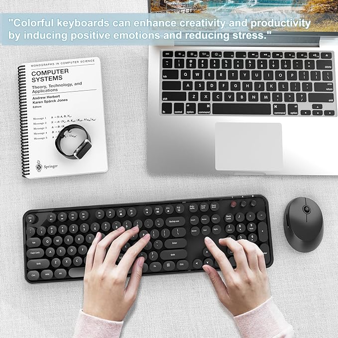 Wireless Keyboard and Mouse Combo, Ergonomic Full Size Typewriter Retro Round Keycaps Keyboard, Compatible with Windows, PC, Perfer for Home and Office Keyboards (Black