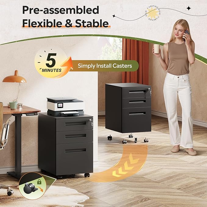 DEVAISE 3-Drawer Metal File Cabinet with Lock, Mobile Filing Cabinet Under Desk for Home Office, Fully Assembled Printer Stand fits A4/F4/Letter/Legal Size, Black, 20" D x 15" W x 24" H