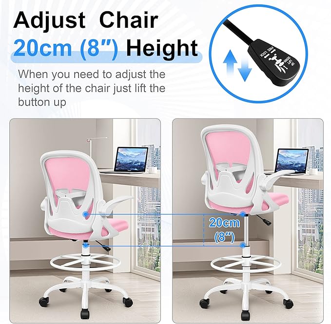 Primy Drafting Chair Tall Office Chair with Flip-up Armrests Executive Ergonomic Computer Standing Desk Chair with Lumbar Support and Adjustable Footrest Ring (Pink)