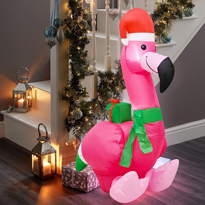 4FT Christmas Inflatable Flamingo Blow up Christmas Decoration Built-in LEDs Indoor Outdoor Yard Graden Party Holiday Decor