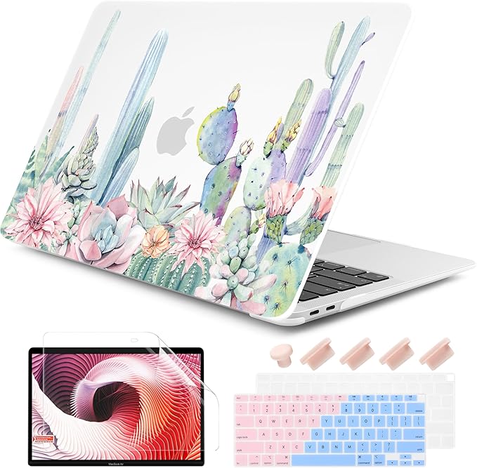 DONGKE Compatible with MacBook Air 13 inch Case 2021 2020 2019 2018 Release A2337 M1 A2179 A1932 with Retina Display & Touch ID, Plastic Hard Shell & Keyboard Cover - Watercolor Cactus