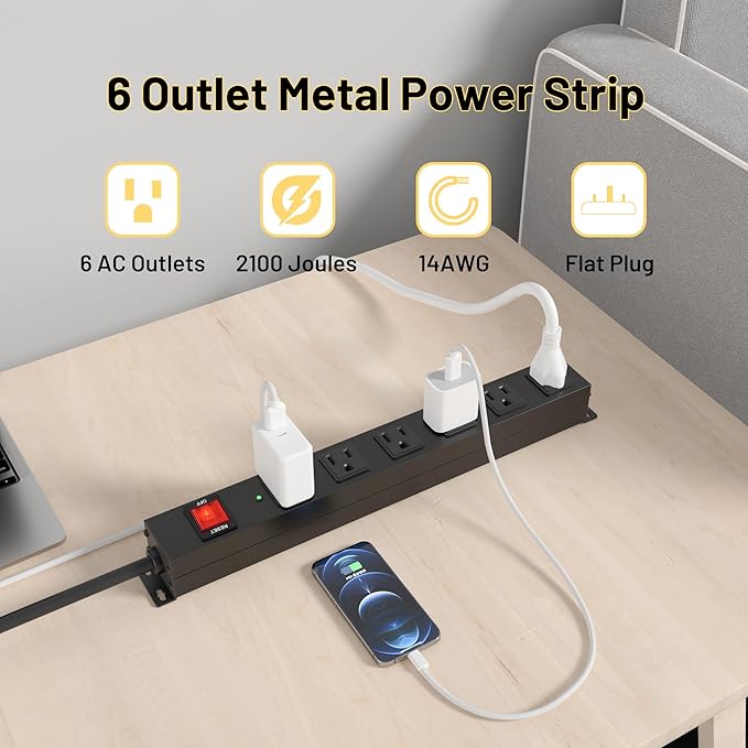 KF 6 Outlet Metal Wall Mount Power Strip, 2100J Surge Protection Heavy Duty Power Strip, 15A/1875W Mountable Power Strips with Upgraded Switch, 14AWG 12FT Power Cord