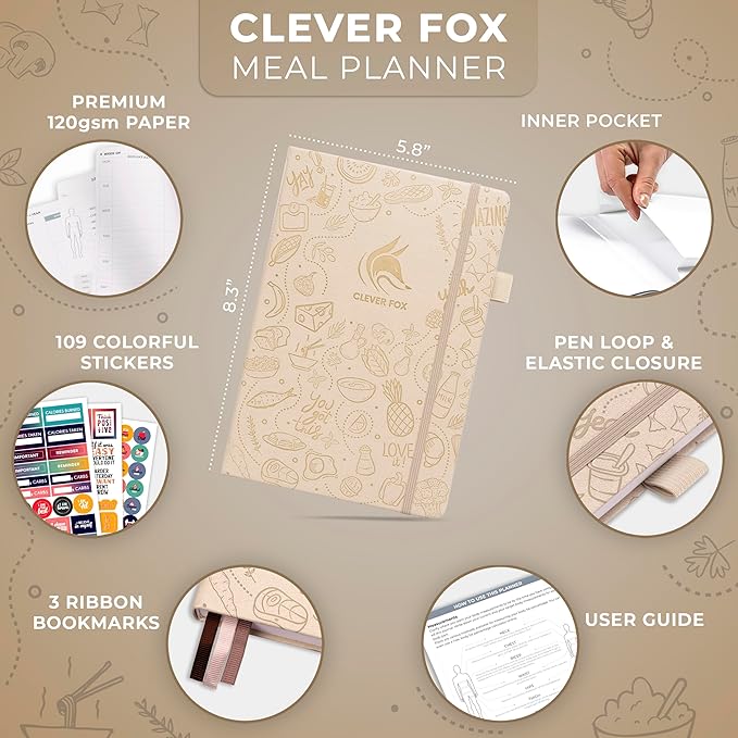Clever Fox Weekly Meal Planner - Weekly & Daily Meal Prep Journal with Shopping and Grocery Lists for Menu Planning, Healthy Diet & Weight Loss Tracking, Lasts 1 Year, Undated, A5 - Seashell
