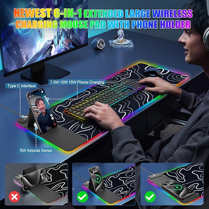 Mouse Pad with Foldable Phone Holder & Wireless Charger, XL RGB Gaming Mousepad 31.5"x11.8" Large Desk Mat for Keyboard, Home Desk Pad with Dual Qi Charging Station | 11 Colors & 5 Modes | Waterproof