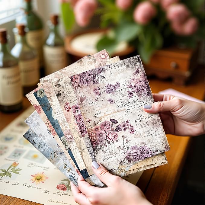 160 Sheets Vintage Flower Scrapbook Paper Purple Pink Flowers with Cursive Script No Repeating Patterns Perfect for Junk Journal DIY Cards Craft Albums Scrapbooking Supplies (Purple, 3.9 x 5.5 inches)