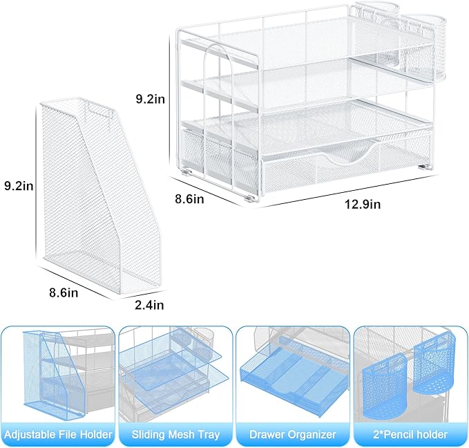 gianotter Desk Organizers and Accessories with File Holder, 4-Tier Desk Accessories & Workspace Organizers with Drawer and 2 Pen Holder, Paper Organizer for Office Supplies (White)