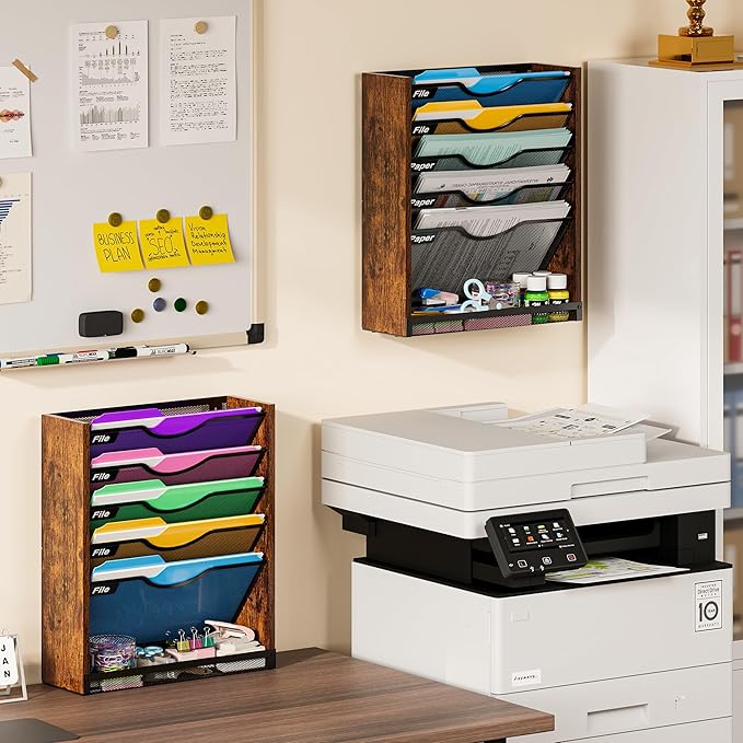 6-Tier Wall File Organizer with Bottom Tray, Ironwood Mail Organizer Wall Mounted with Metal Mesh, Document Organizer for Paper, Folder, Magazine, Office Desk Accessories for Home Cubicle Countertop