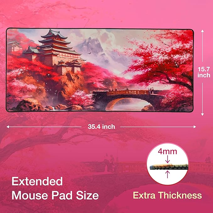 GUNMJO Cherry Blossom Extended Gaming Mouse Pad, Ultra-Smooth Surface for Pixel-Precise Mouse Control, Durable Anti-Fray Stitching, Non-Slip Rubber Base, for Gamer, Office & Home, Light & Portable