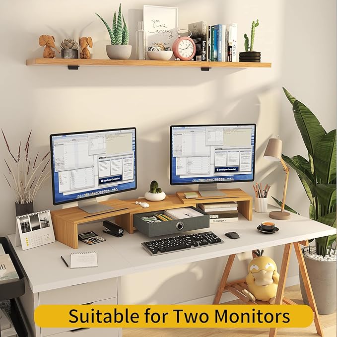 WESTREE Dual Monitor Stand Riser with Drawer - Adjustable Length and Angle, 2 Phone Hold, Desktop Organizer for Computer/Laptop/PC/Printer