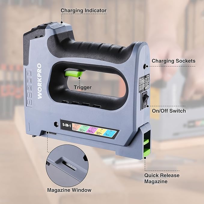 WORKPRO 5 in 1 Cordless Staple Gun, 3.6V Rechargeable Electric Stapler with 2000 Staples and Nails, Upholstery Staple Gun for Wood, Furniture, Office, and DIY Projects